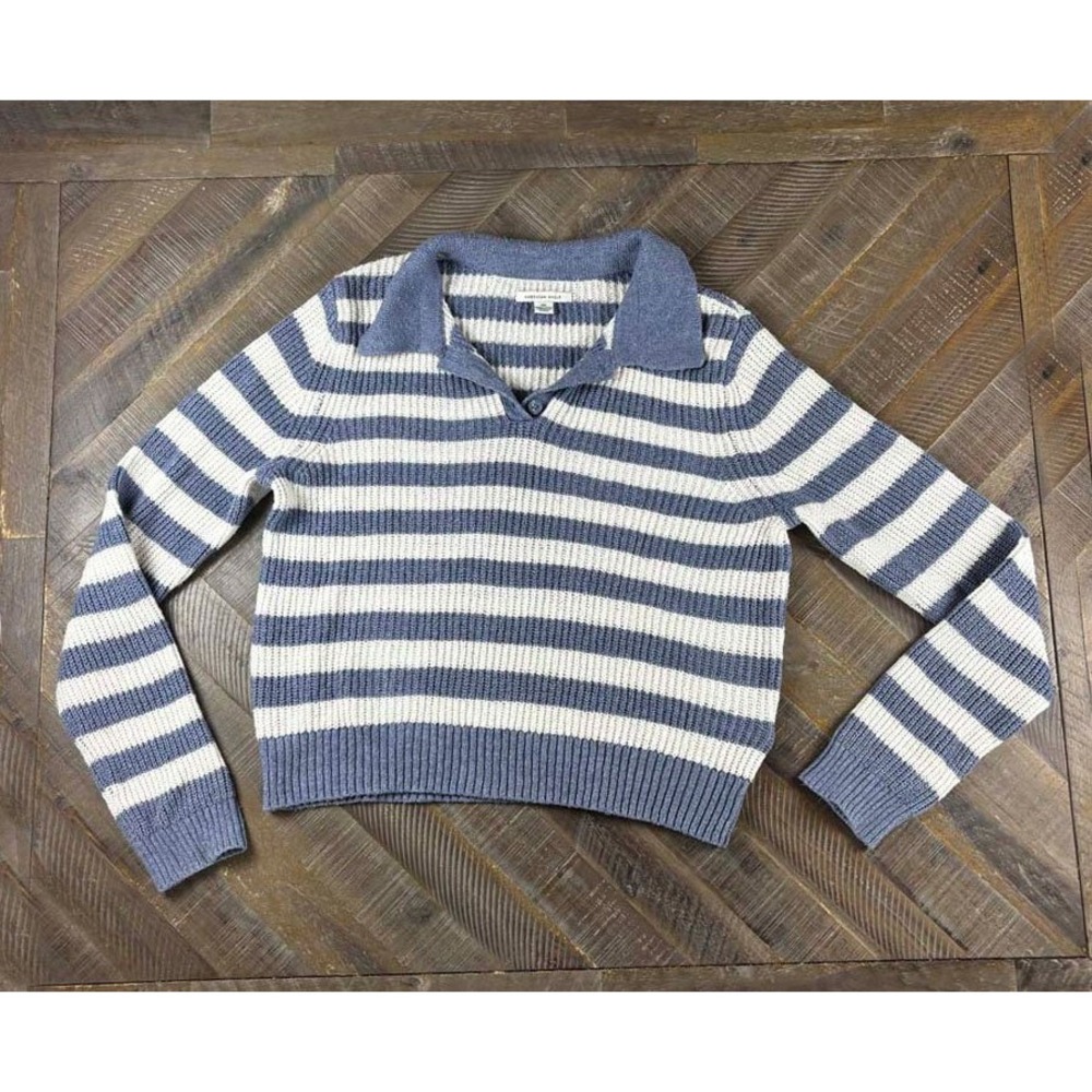 American Eagle Blue White Striped Ribbed Knit Polo Sweater Womens Large Crop